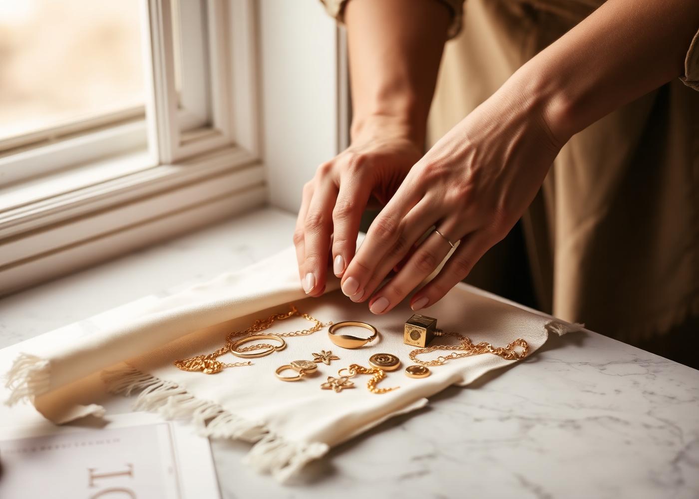 Artisan hands arranging gold jewelry on cream linen in soft window light