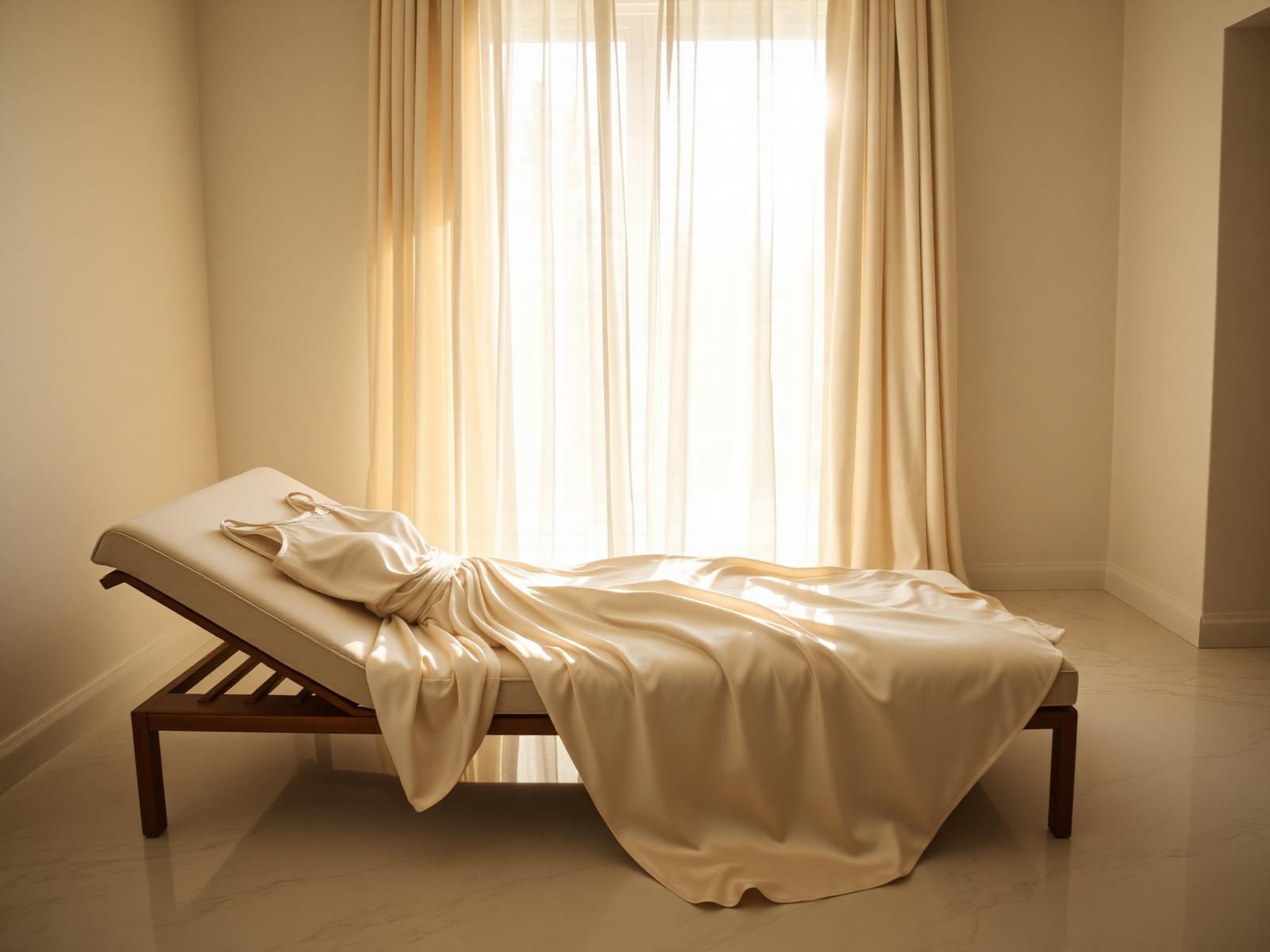 Ivory silk dress draped on a chaise in a sunlit California villa
